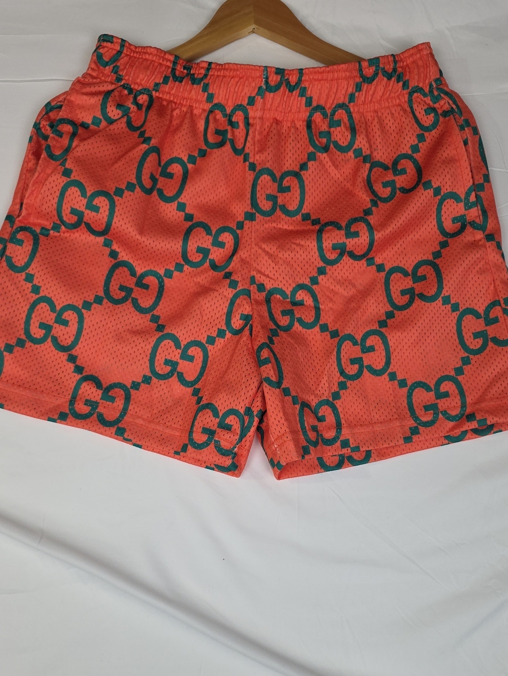Bravest Coral Mesh Shorts with Green GG Pattern Medium